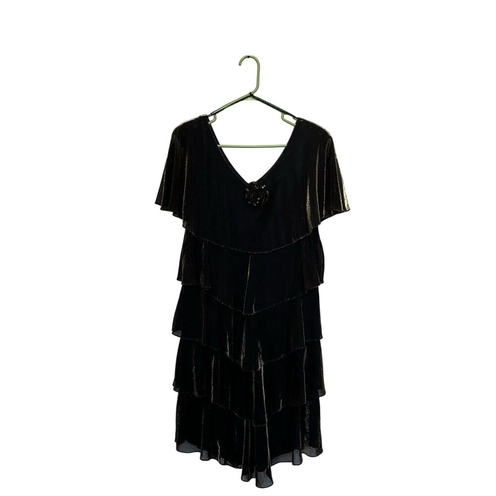 Patra | Vintage Tiered Metallic Caplet Shimmer Cocktail Dress Size 10 Black Gold